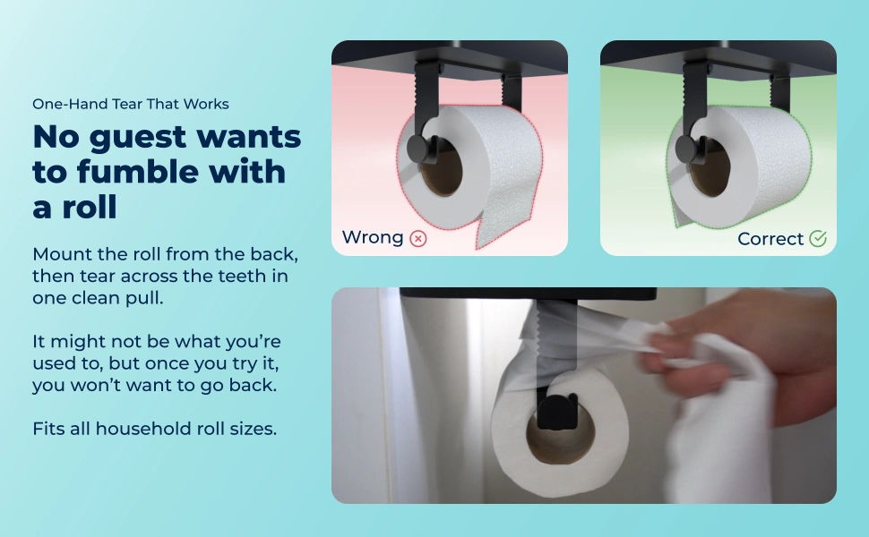 One-Hand Tear That Works. No guest wants to fumble with a roll. Mount the roll from the back, then tear across the teeth in one clean pull. It might not be what you're used to, but once you try it, you won't want to go back. Fits all household roll sizes.