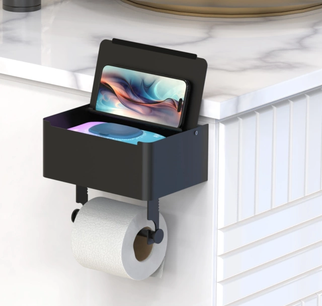 toilet paper holder installed under an overhanging vanity