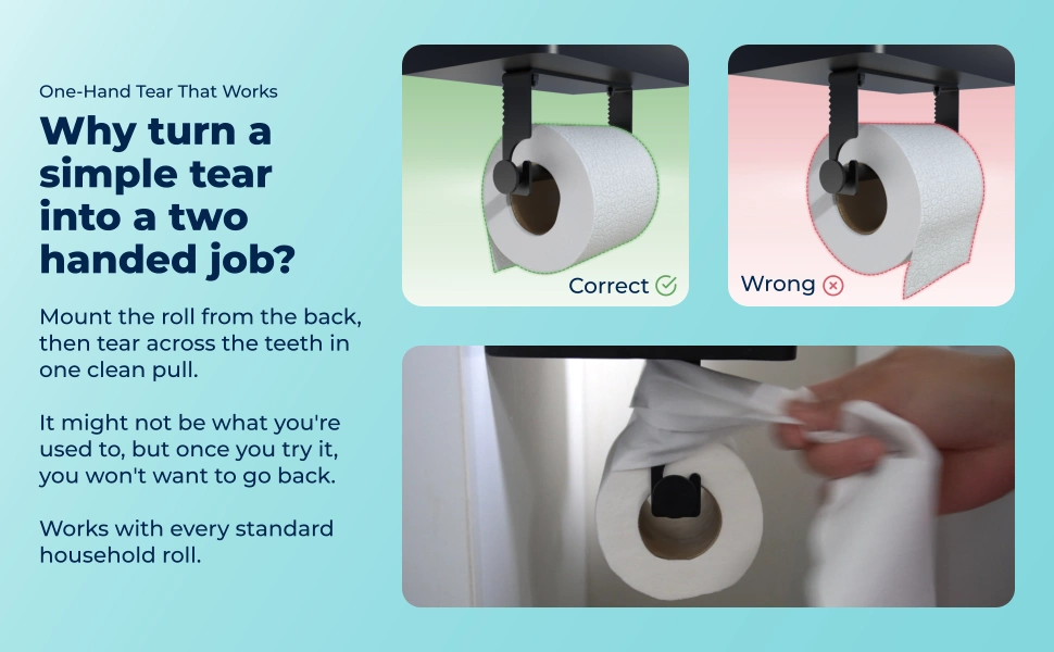 One-Hand Tear That Works: Why turn a simple tear into a two handed job? Mount the roll from the back, then tear across the teeth in one clean pull. It might not be what you're used to, but once you try it, you won't want to go back. Works with every standard household roll.