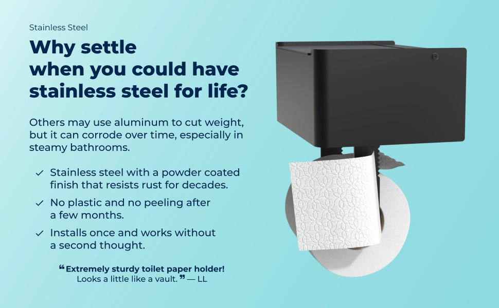 Stainless Steel: Why settle when you could have stainless steel for life? Others may use aluminum to cut weight, but it can corrode over time, especially in steamy bathrooms. Stainless steel with a powder coated finish that resists rust for decades. No plastic and no peeling after a few months. Installs once and works without a second thought. — Extremely sturdy toilet paper holder! Looks a little like a vault. — LL